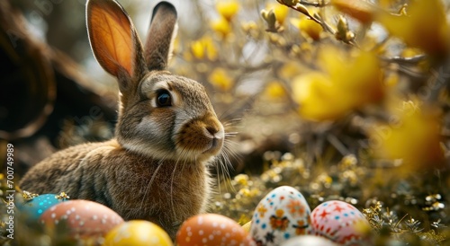 an eared bunny sitting in the nest of colored eggs
