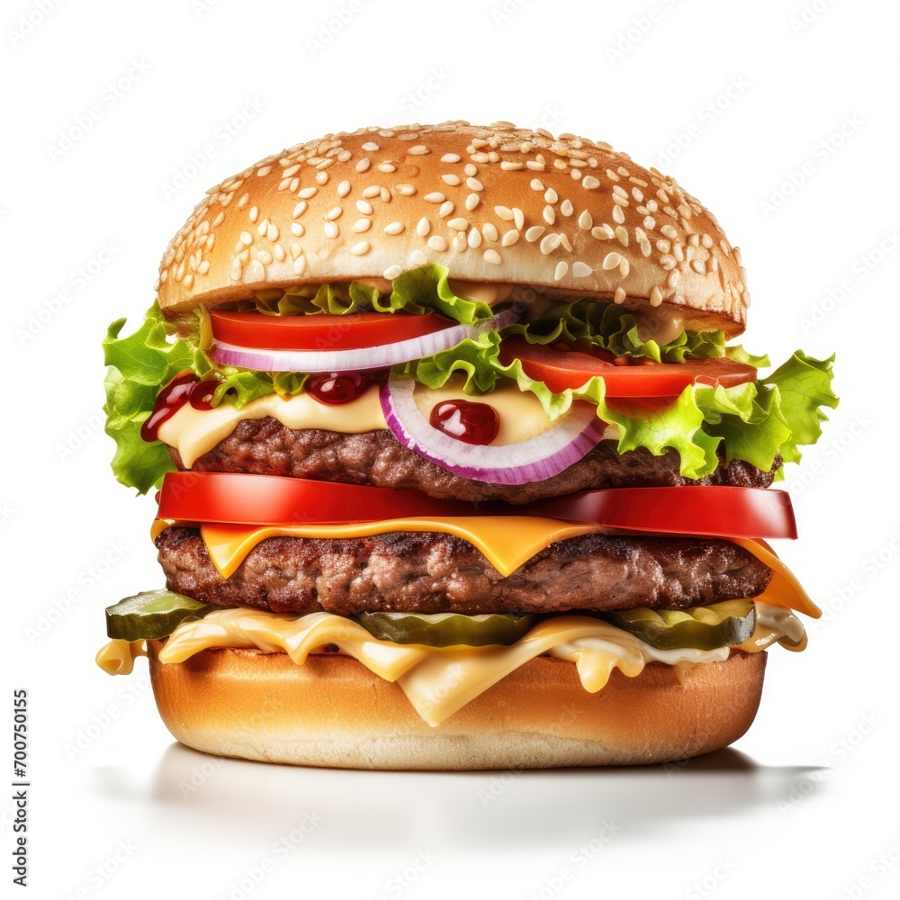Delicious burger with fresh ingredients with the white background Delicious burger with fresh ingredients with the white background
