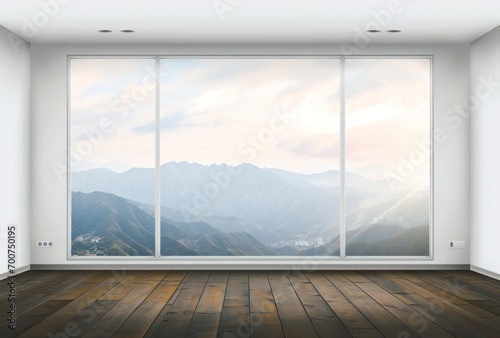 an empty room with a view of mountains through a window
