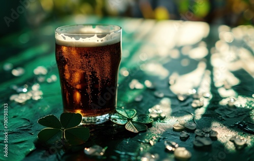 an irish beer with two clover leaves sitting on a green table