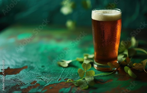 an irish beer with two clover leaves sitting on a green table