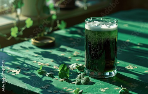 an irish beer with two clover leaves sitting on a green table