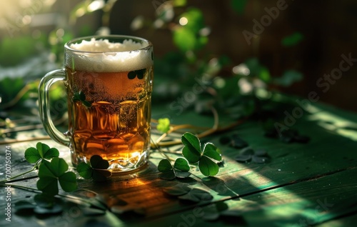 an irish beer with two clover leaves sitting on a green table