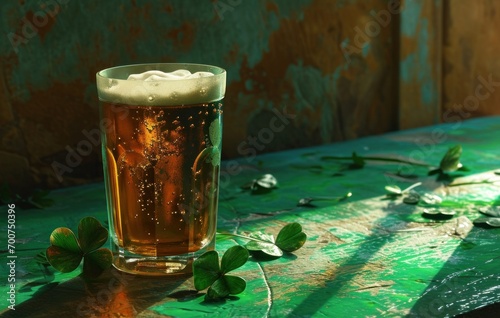 an irish beer with two clover leaves sitting on a green table