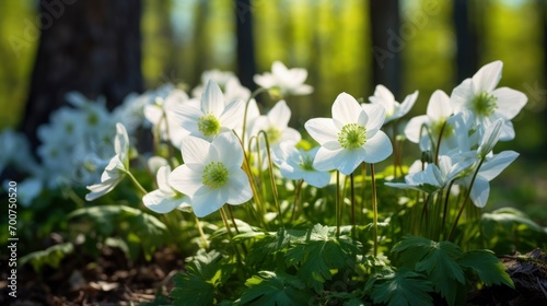 Beautiful white flowers of anemones in spring on background forest in sunlight in nature