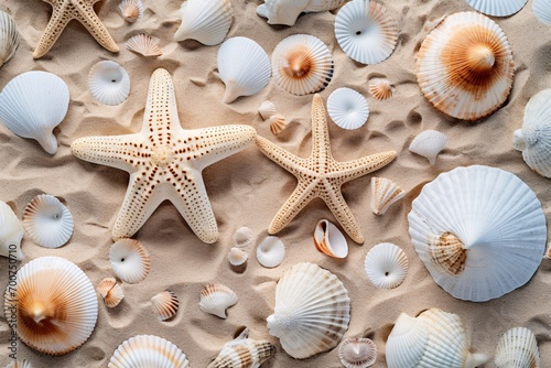Aerial view of a sandy seaside texture with impressions of tropical sea shells and starfish as organic textured backdrop.