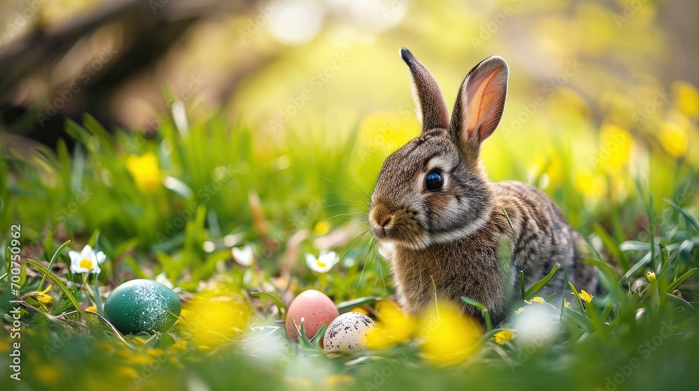 Adorable Bunny With Easter Eggs In Flowery Meadow Adorable Bunny With Easter Eggs In Flowery Meadow