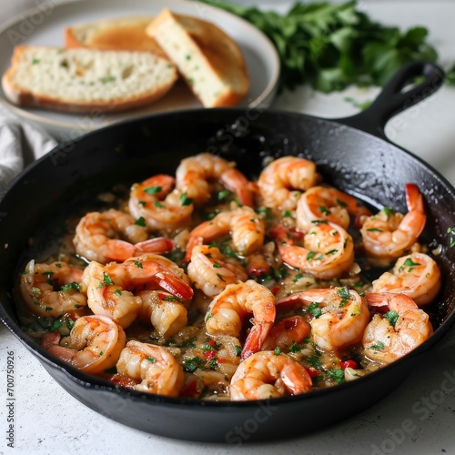 A cast iron skillet with garlic shrimp, on a white countertop. Behind the skillet is a plate with a portion of shrimp and bread