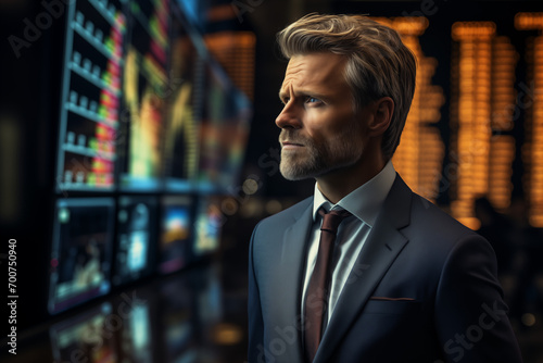 Man in a suit in front of a stock market screen. Investment in the stock market. Invest your money. Economy and financial market. AI.