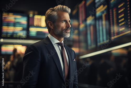 Man in a suit in front of a stock market screen. Investment in the stock market. Invest your money. Economy and financial market. AI.