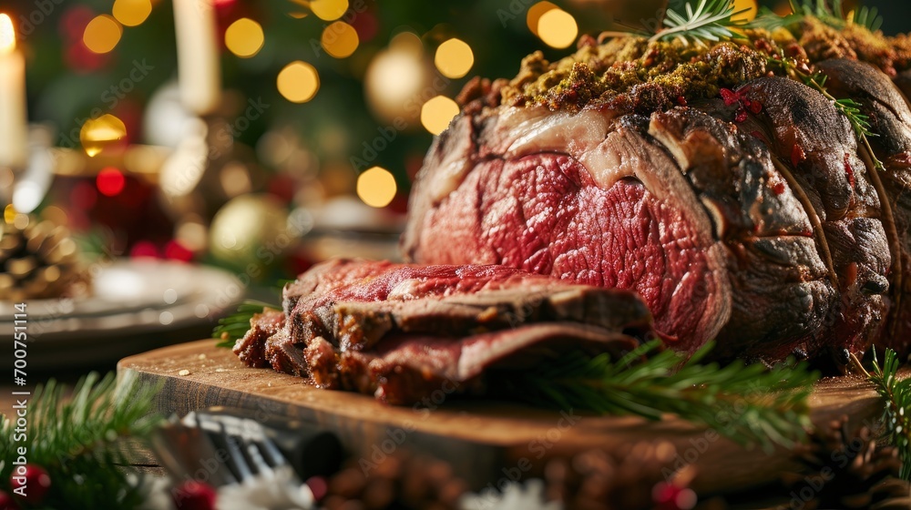 Christmas prime rib beef fillet roasted closeup, Xmas menu on table - obrazy, fototapety, plakaty 