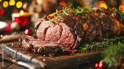Christmas prime rib beef fillet roasted closeup, Xmas menu on table photo