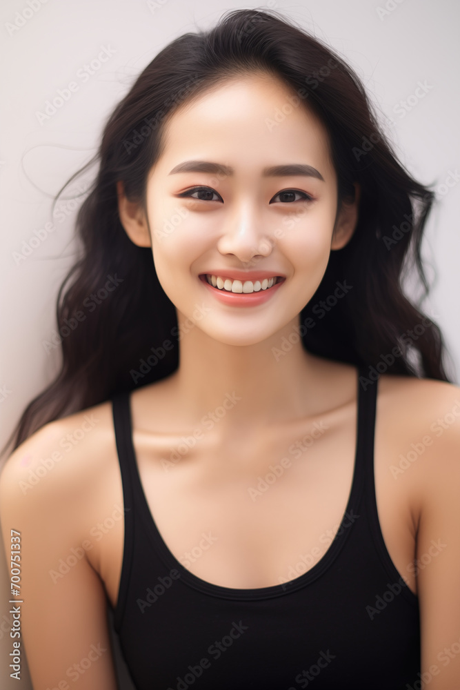 Portrait of a asian young girl with long black hair wearing a black tanktop smiling in front of the camera isolated on a white background Portrait of a asian young girl with long black hair wearing a black tanktop smiling in front of the camera isolated on a white background