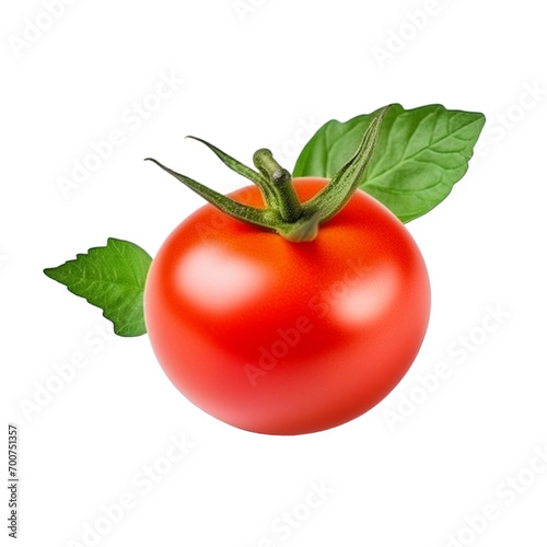fresh organic tomato berry cut in half sliced with leaves isolated on white background with clipping path