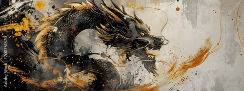 Happy New Year of the Dragon, in the style of ink wash collages, light gray and dark gold, elegant brushstrokes, decorative borders, watercolor.