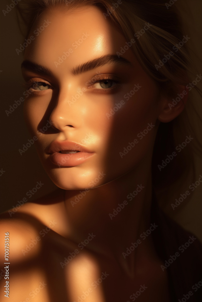 Portrait of a beautiful young brunette girl wearing natural makeup hidden in the dark with a light stripe hitting her face. Portrait of a beautiful young brunette girl wearing natural makeup hidden in the dark with a light stripe hitting her face.