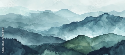 Minimalistic landscape art background with mountains and hills in blue and green colors. Abstract banner in oriental style with watercolor texture for decor, print, wallpaper