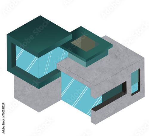 Illustration isométrique d'un bâtiment moderne en perspective avec des couleurs froides