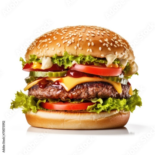  Delicious burger with fresh ingredients with the white background © Abrar