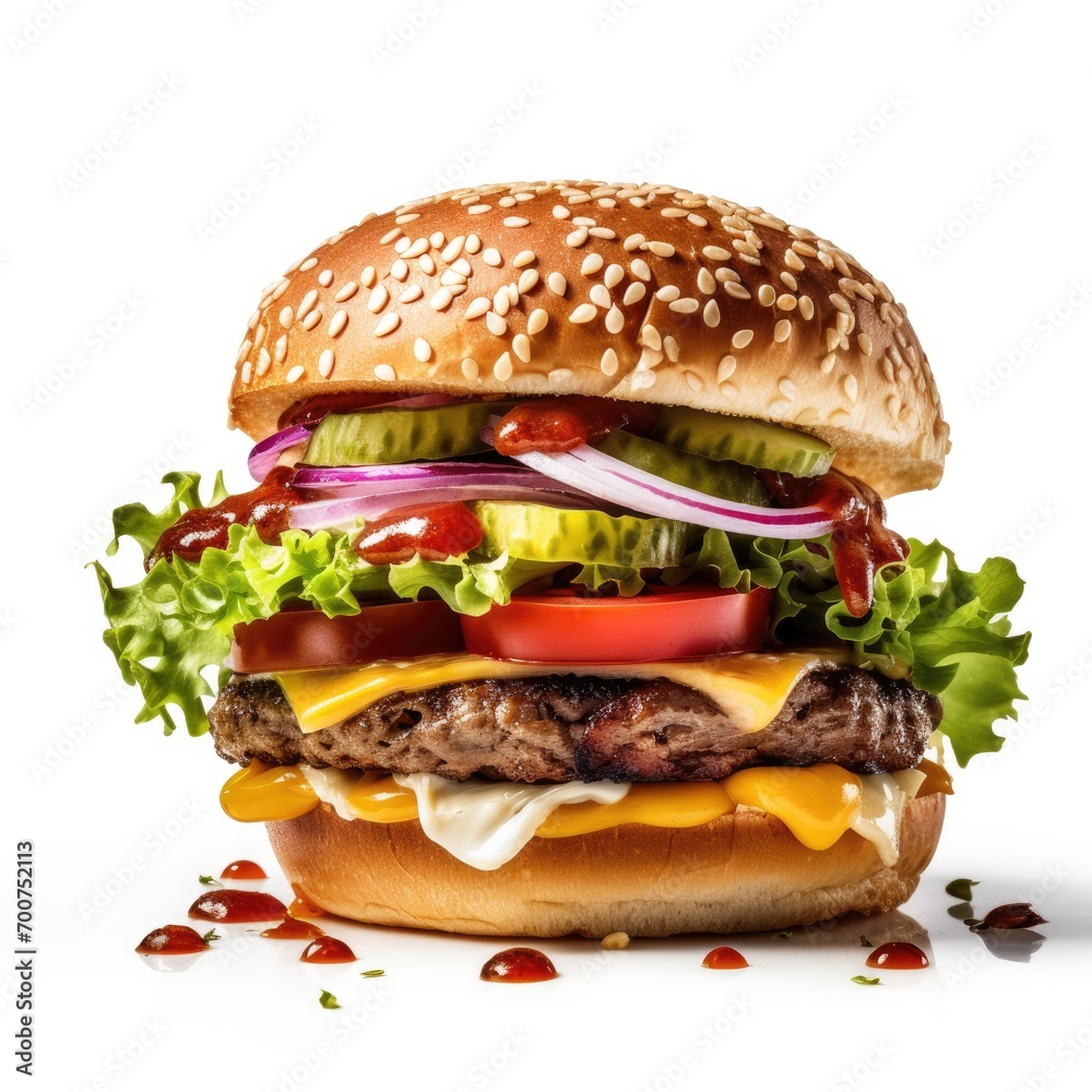 Delicious burger with fresh ingredients with the white background Delicious burger with fresh ingredients with the white background