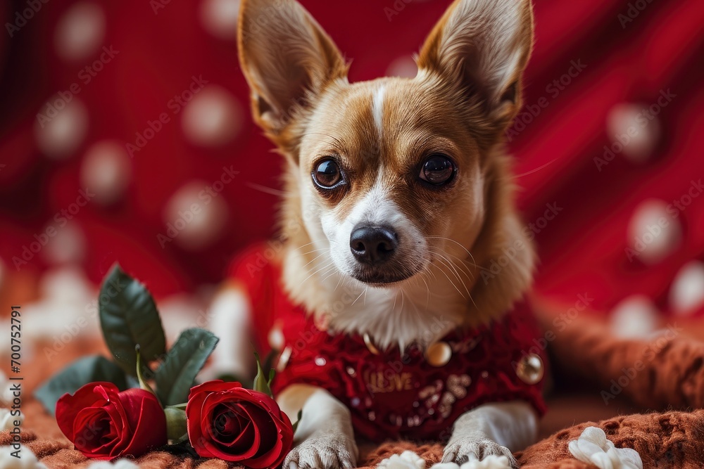A dog wearing a red dress  with two rose