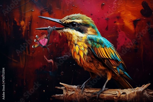 Colorful bird with long beak eating a bee. Generative AI © Arnav