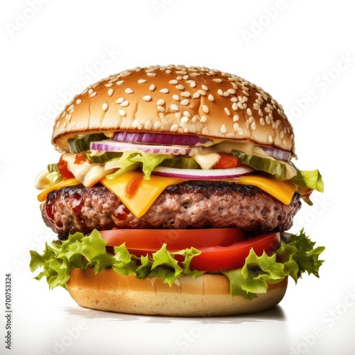  Delicious burger with fresh ingredients with the white background