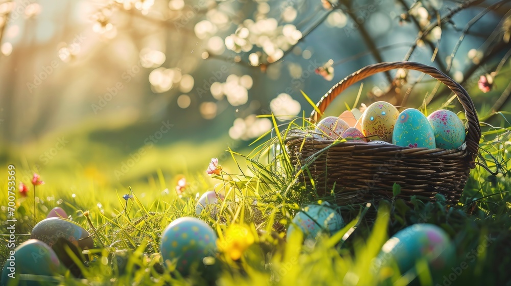 Easter Painted Eggs In Basket On Grass In Sunny Orchard Easter Painted Eggs In Basket On Grass In Sunny Orchard