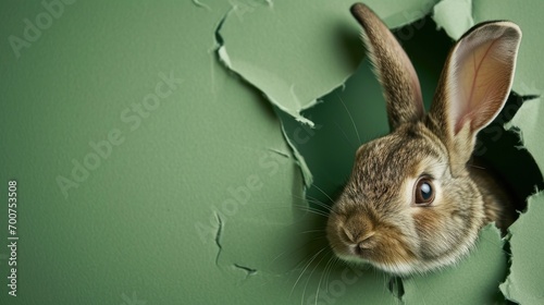 Bunny peeking out of a hole in paper, fluffy eared bunny easter bunny banner, rabbit jump out torn hole. photo