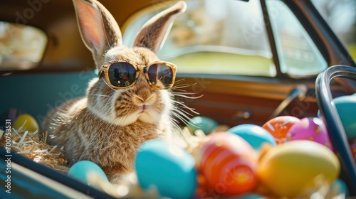 Cute Easter Bunny with sunglasses looking out of a car filed with easter eggs