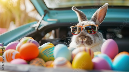 Cute Easter Bunny with sunglasses looking out of a car filed with easter eggs