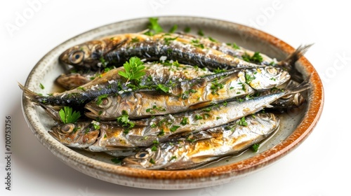 Close up of sardine meat in a clay plate isolated on a clear white background.