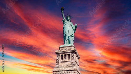 The Lady of New York (USA), is the famous Statue of Liberty of the Big Apple and Manhattan, known throughout the world, under a reddish sky at dawn.
