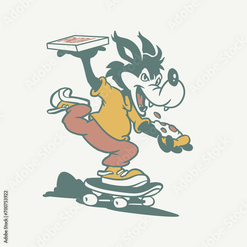 Little wolf mascot riding a skateboard and holding a pizza box
