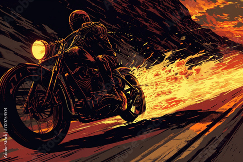 The ghostrider sped down the deserted highway, leaving only the echo of its powerful engine in the night comic book style