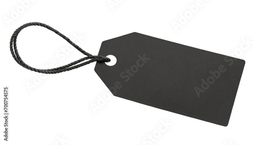 Blank black price tag with string isolated on transparent background. photo