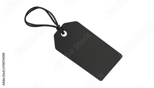 Blank black price tag with string isolated on transparent background.