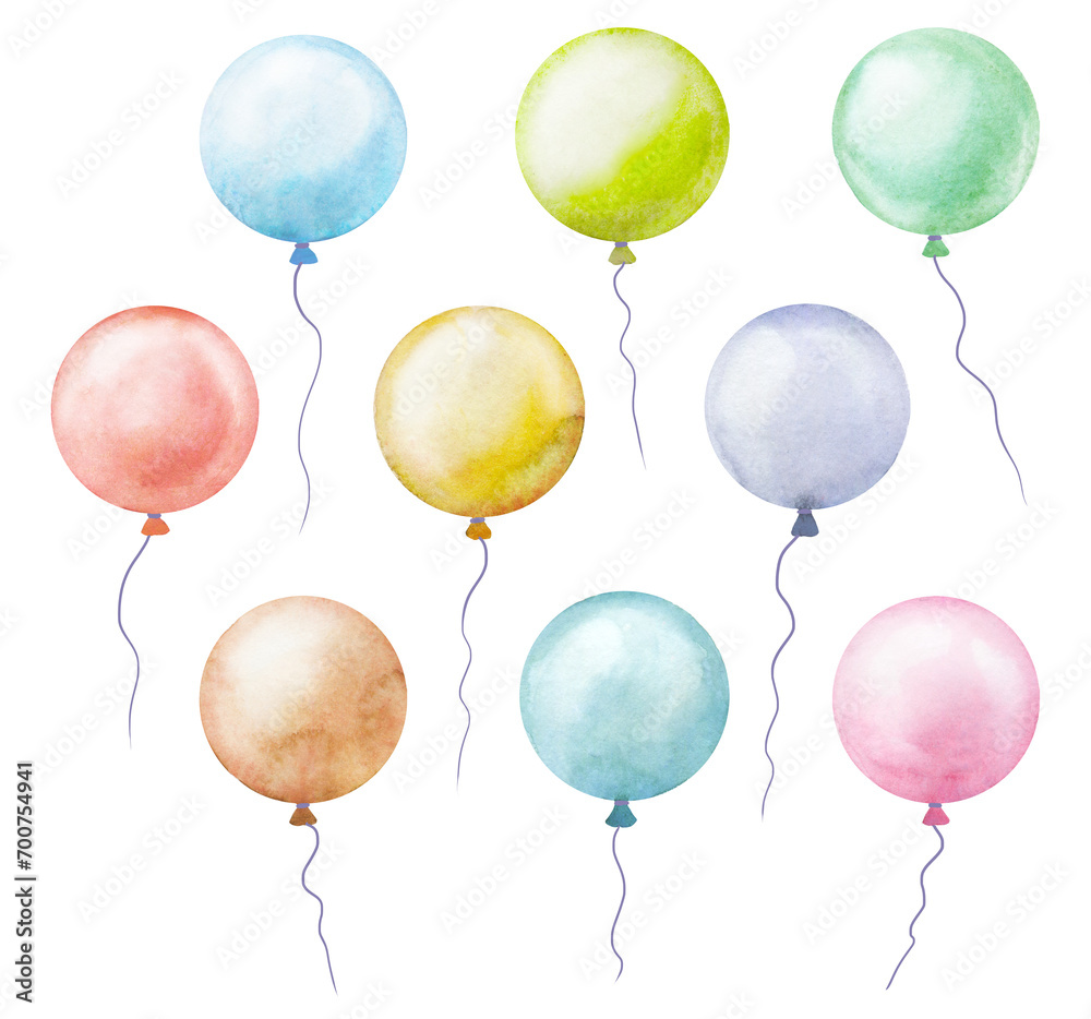Watercolor illustration set of colorful round balloons on transparent background