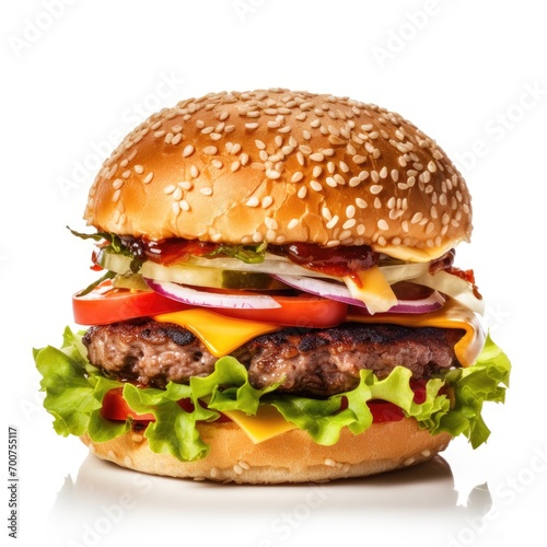  Delicious burger with fresh ingredients with the white background