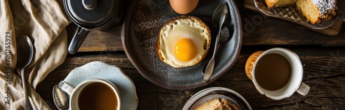 coffee cake and egg on a plate,