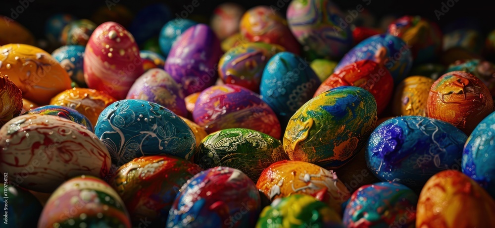 colorful painted easter eggs are shown in groupings