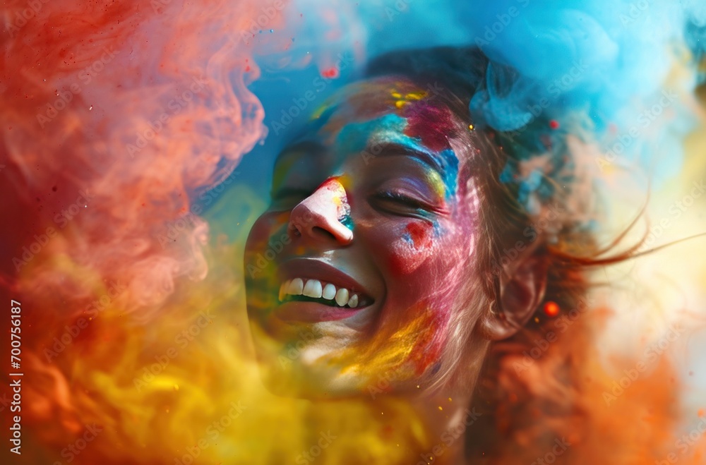 colorful smoke falling on a beautiful girl with a smile colorful smoke falling on a beautiful girl with a smile