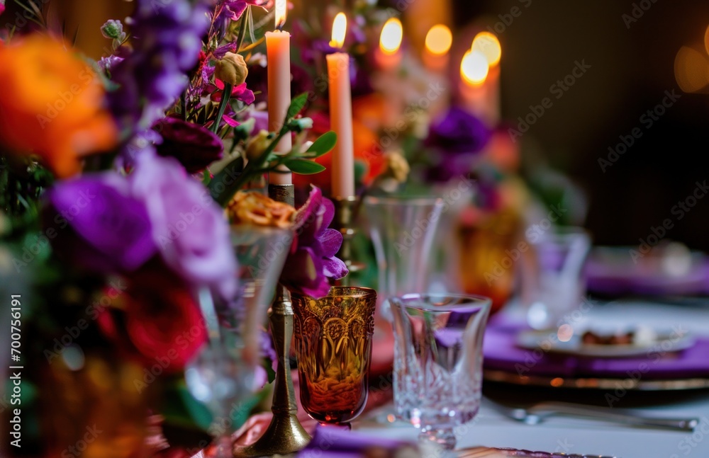 colorful wedding table settings with candles