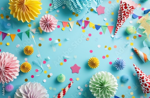 colorful party decorations on a blue background,