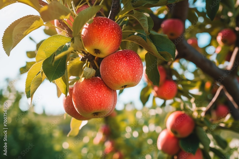 Obraz premium Apples dangling from the branches of an apple tree in a serene orchard setting.