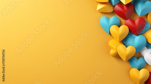 Colorful paper hearts on a yellow background