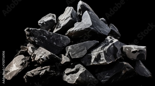 A black pile of stones on a black background. Rocks piled up