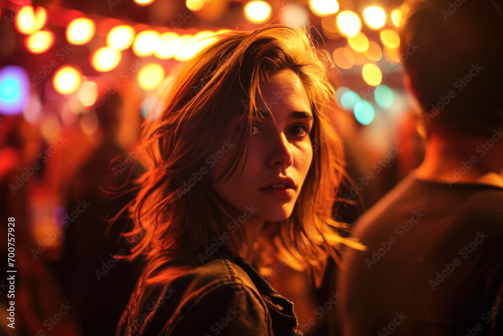 jeune femme surprise dans une boite de nuit, effet de mouvement à l'arrière plan, lumières intense et violente jeune femme surprise dans une boite de nuit, effet de mouvement à l'arrière plan, lumières intense et violente