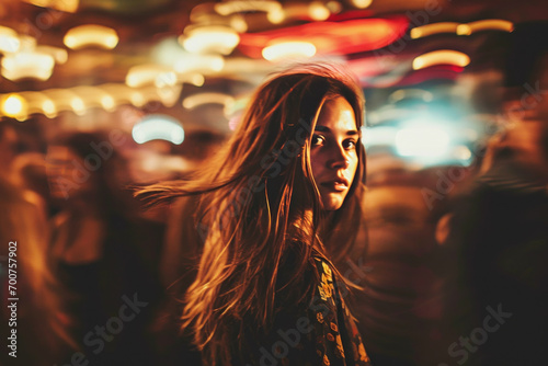 jeune femme surprise dans une boite de nuit, effet de mouvement à l'arrière plan, lumières intense et violente photo