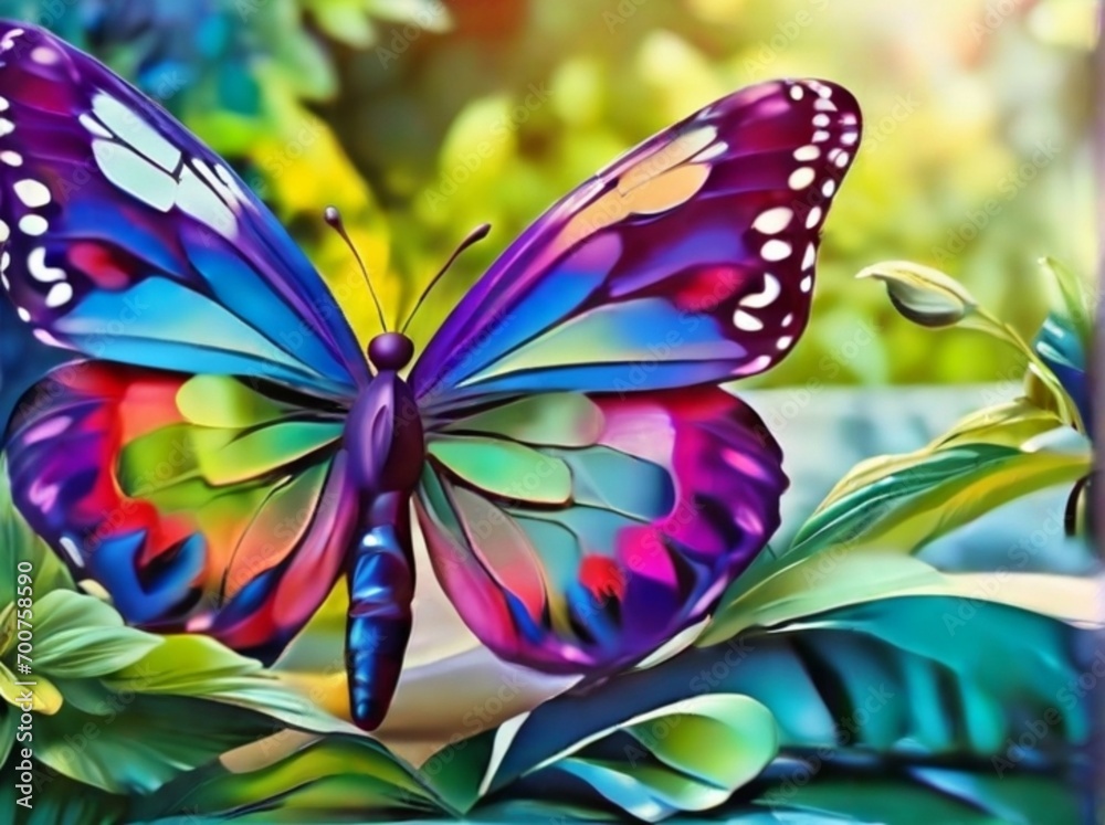 stunningly beautiful fairy Fantasy abstract paint colorful butterfly sits on garden. The insect casts a shadow on nature. The insect has many geometric angles.